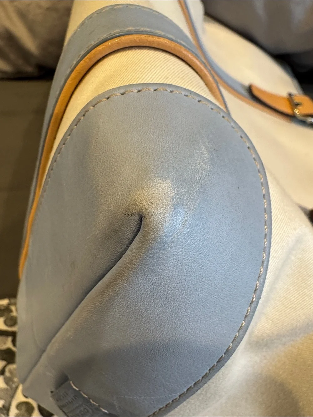 Coach Canvas Tote with Light Blue Trim and Tan Leather Handles